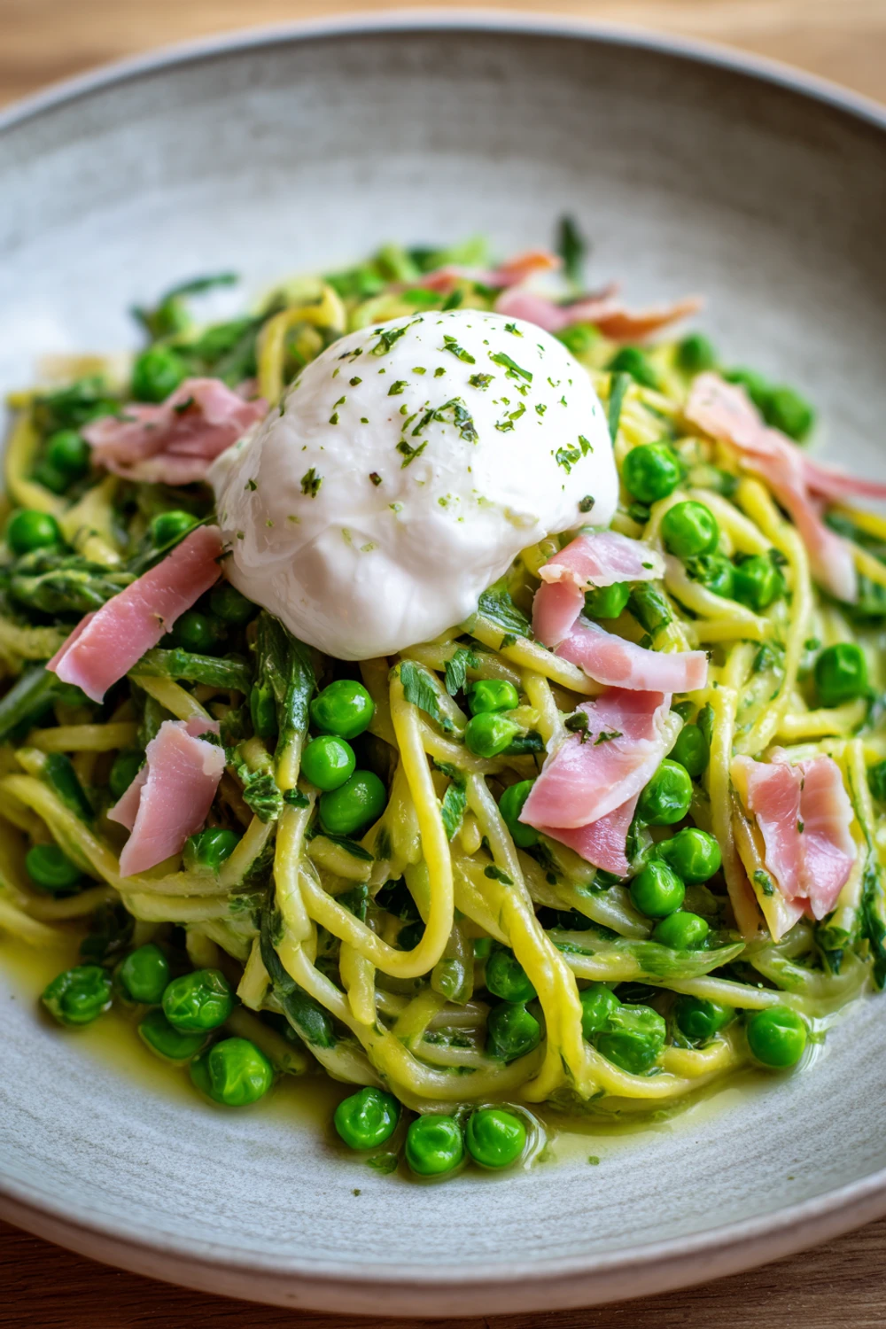 Spring Pea Pasta with Burrata and Ham recipe